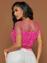 Keyhole Back Rhinestone Detail Fuzzy Contrast Mesh Top